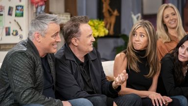 Matt LeBlanc, Matthew Perry, Jennifer Aniston, Lisa Kudrow and Courteney Cox in Friends: The Reunion. Pic: Warner Media/ HBO/ Sky UK